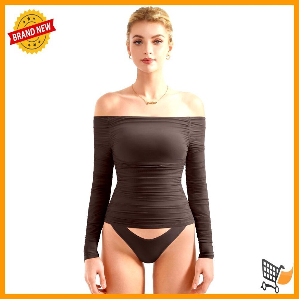 Mesh Off Shoulder Top Long Sleeve Y2K Chic Padded Removable Bra Party Wear
